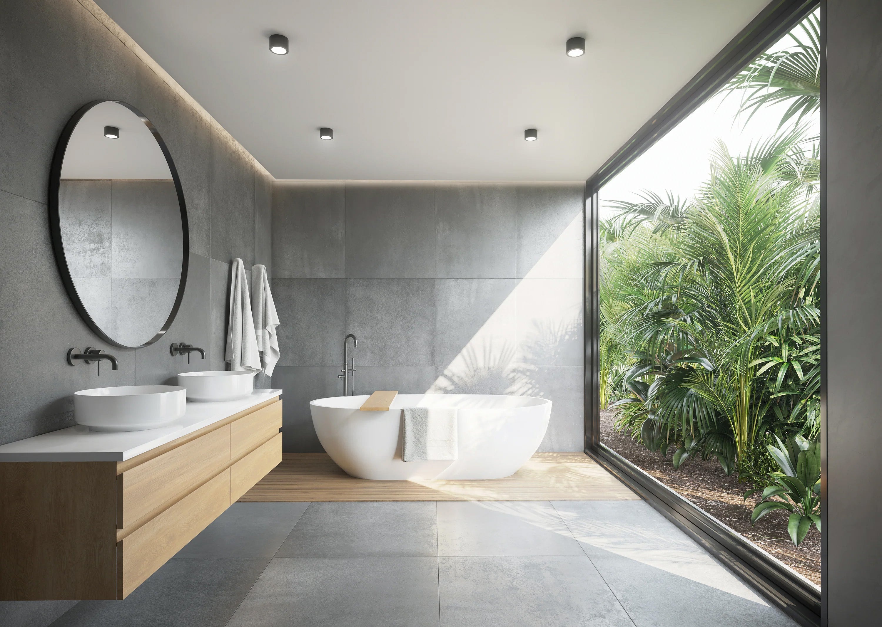 Modern bathroom with a large window, bathtub, and vanity area.