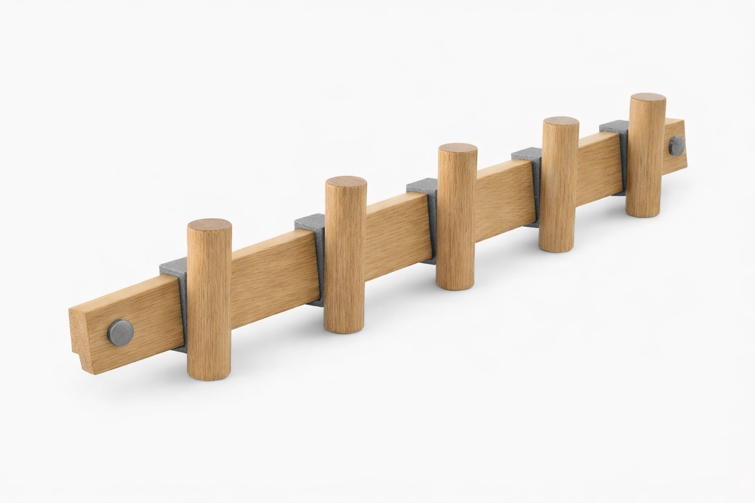 Wooden coat rack with multiple hooks on a white background