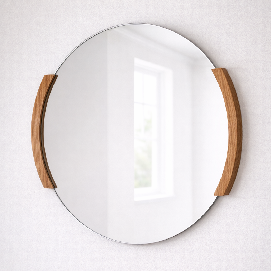 Round mirror with wooden frame on a white wall
