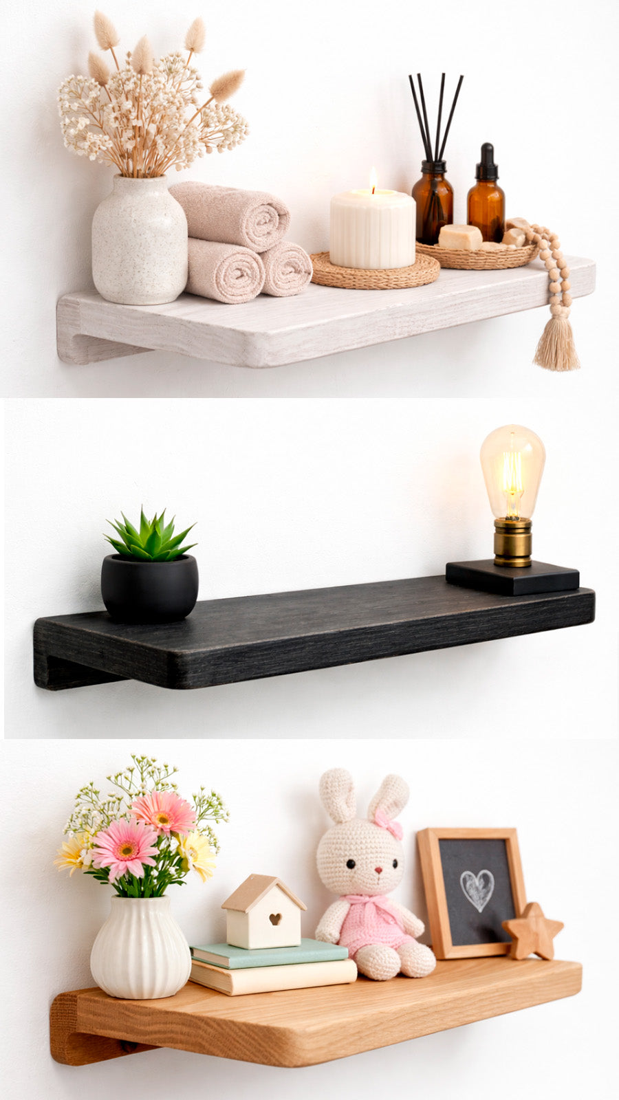 Three wall shelves with decorative items on a white wall