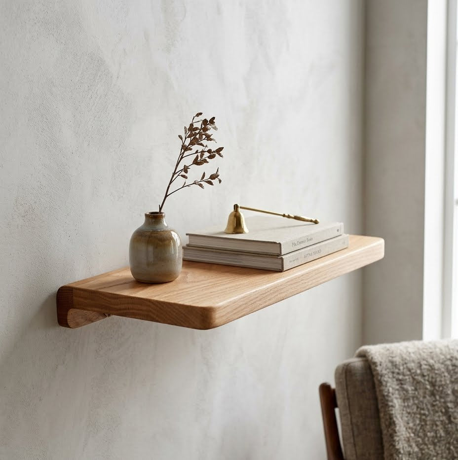 Wooden shelf with a vase and books against a light wall