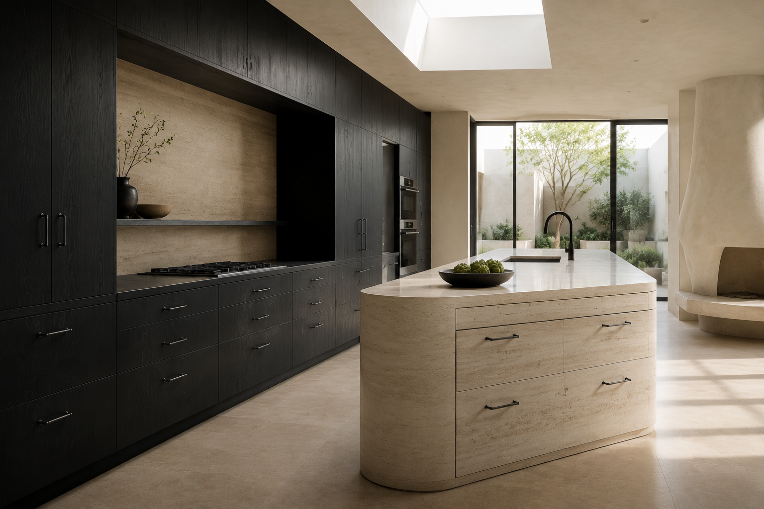 A modern kitchen interior with a curved light beige stone island featuring a white countertop and dark wood cabinetry along one wall. Large windows and a skylight provide natural light, and an outdoor garden is visible in the background.