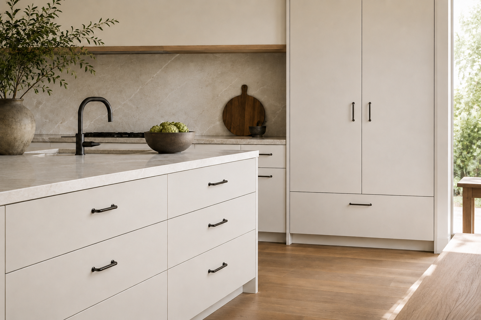 A modern kitchen with light neutral accents - dark black nickle handle throughout