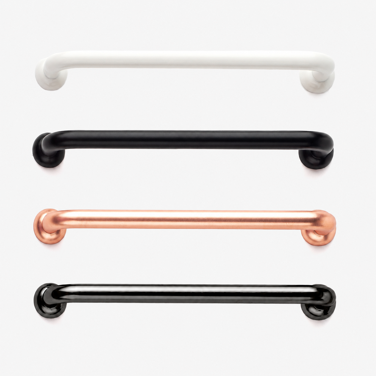 Four horizontal bathroom or kitchen handles in white, matte black, brushed rose gold, and glossy black, arranged vertically on a clean white background.