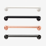 Four horizontal bathroom or kitchen handles in white, matte black, brushed rose gold, and glossy black, arranged vertically on a clean white background.