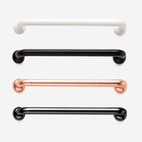 Four horizontal bathroom or kitchen handles in white, matte black, brushed rose gold, and glossy black, arranged vertically on a clean white background.