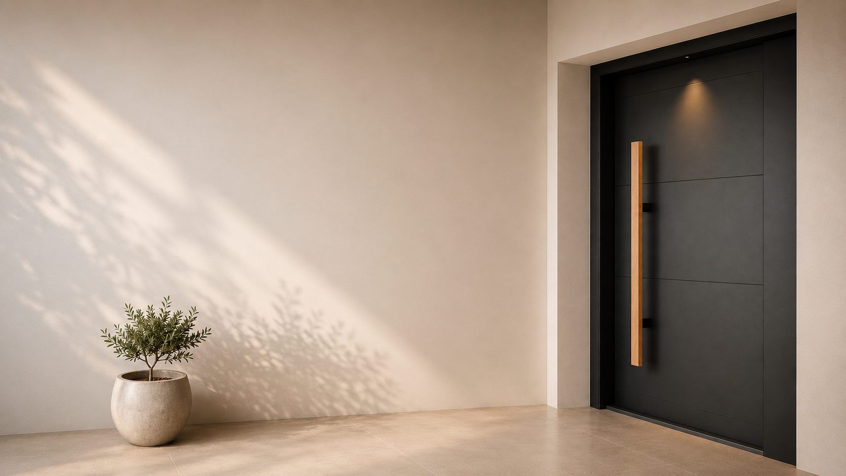 Modern interior with a black door and a potted plant on a light wooden floor.