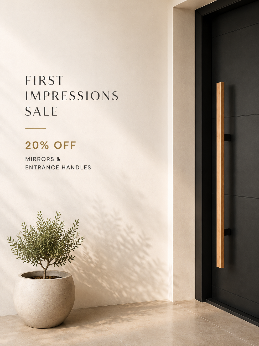 Modern entrance with a plant and promotional text for a sale on mirrors and entrance handles.