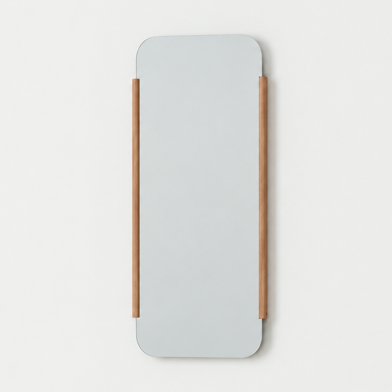 Rectangular mirror with wooden frame on a light beige background