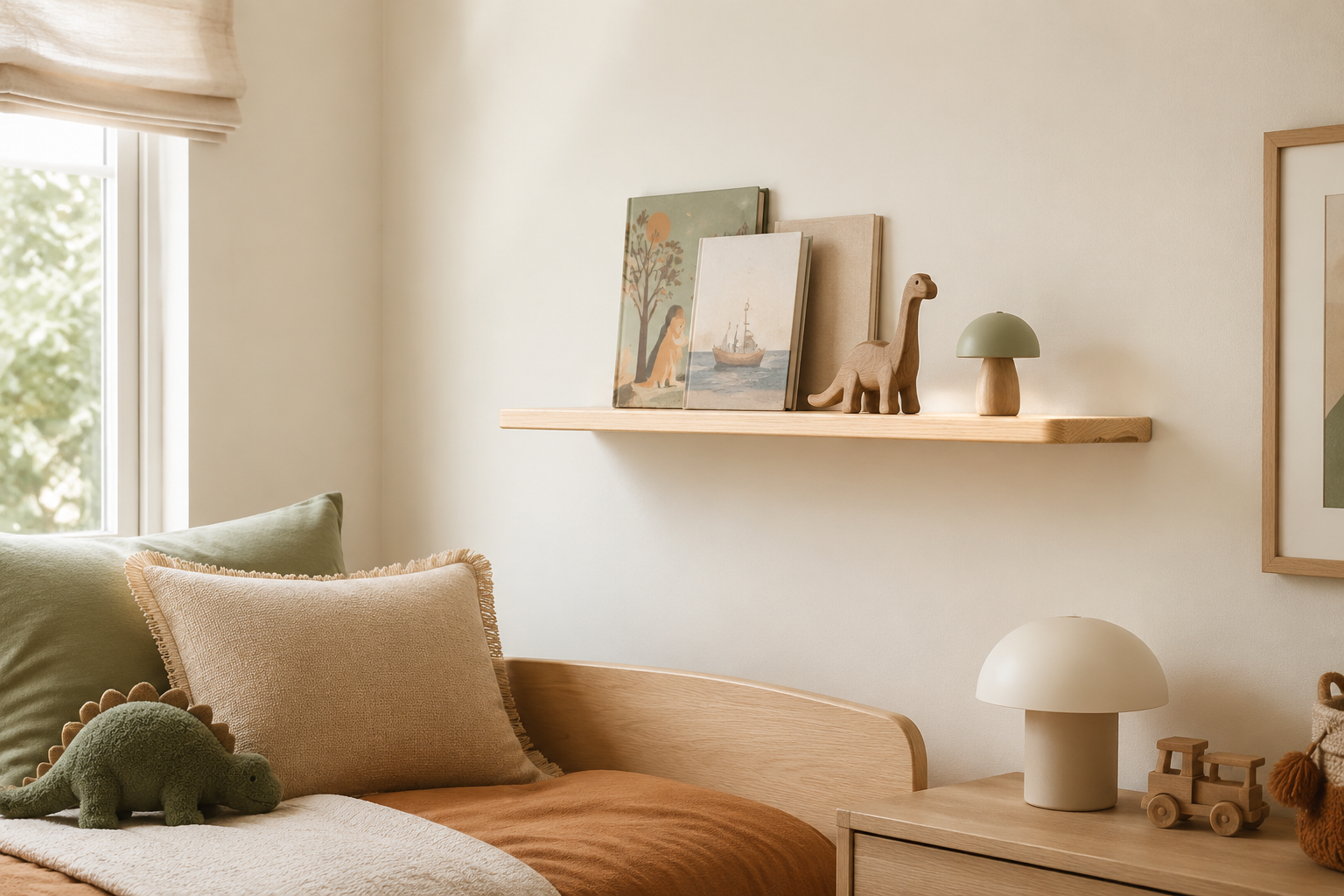 A styled children's bedroom corner with a light wood bed frame and wall shelf, beige and rust bedding, pillows, a green plush dinosaur, a floating shelf with framed art and a small lamp, and a matching nightstand with a mushroom-shaped lamp and wooden toy vehicles.