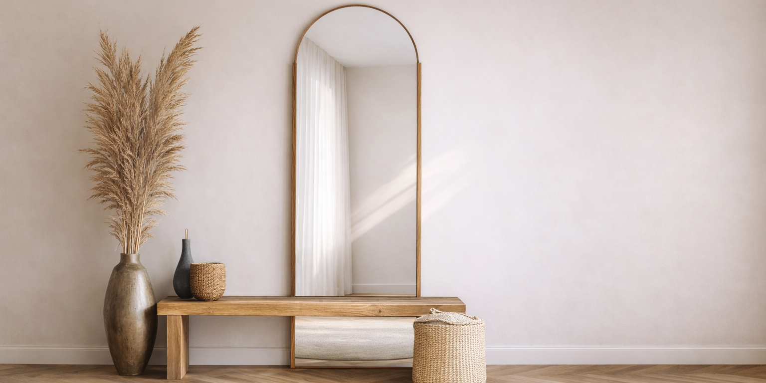 Timber mirrors leaning against an entranceway wall