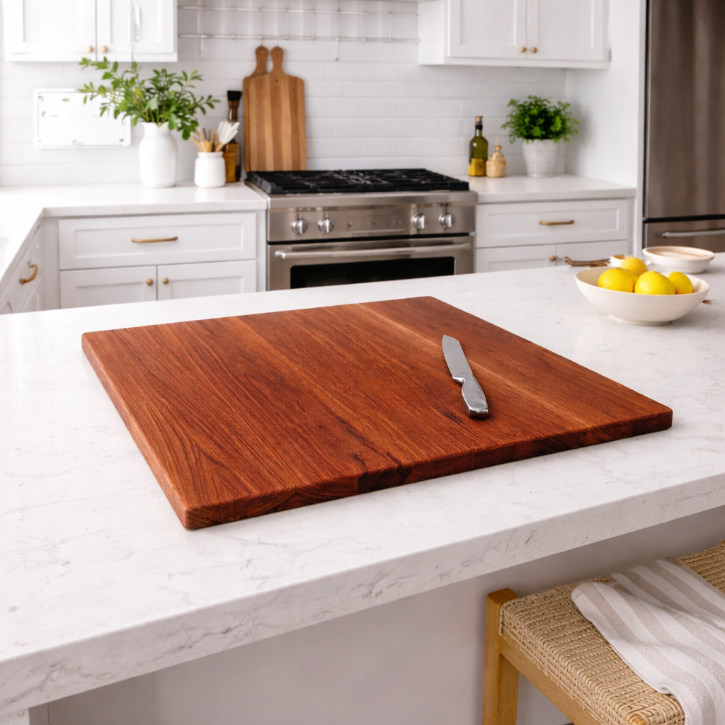 Wooden cutting board with a knife on a kitchen counter