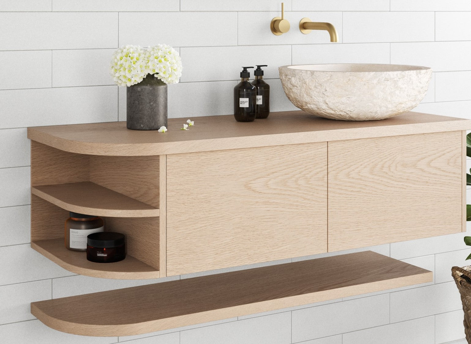 Stylish bathroom vanity with American oak finish